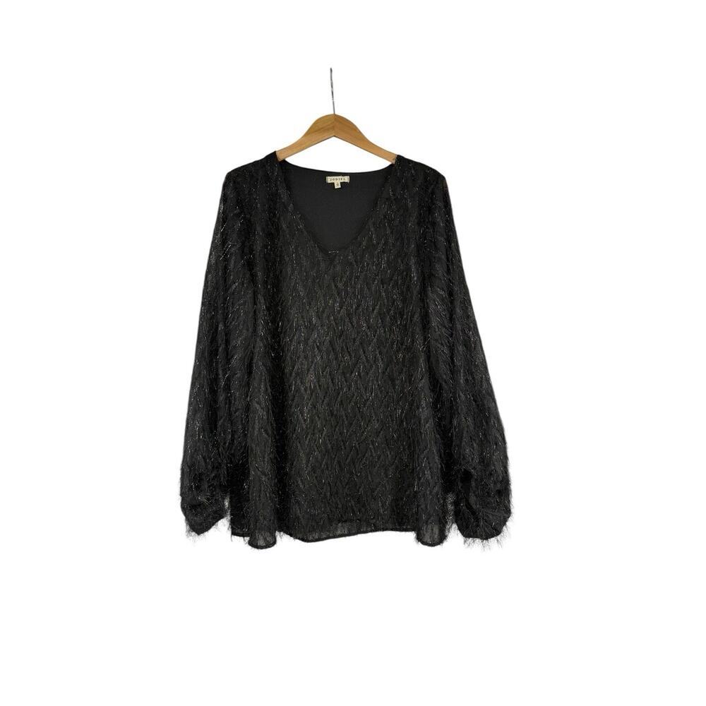Jodifl Fringe Sparkle V Neck Black Pullover‎ Sheer Blouse Evening Fancy Size L